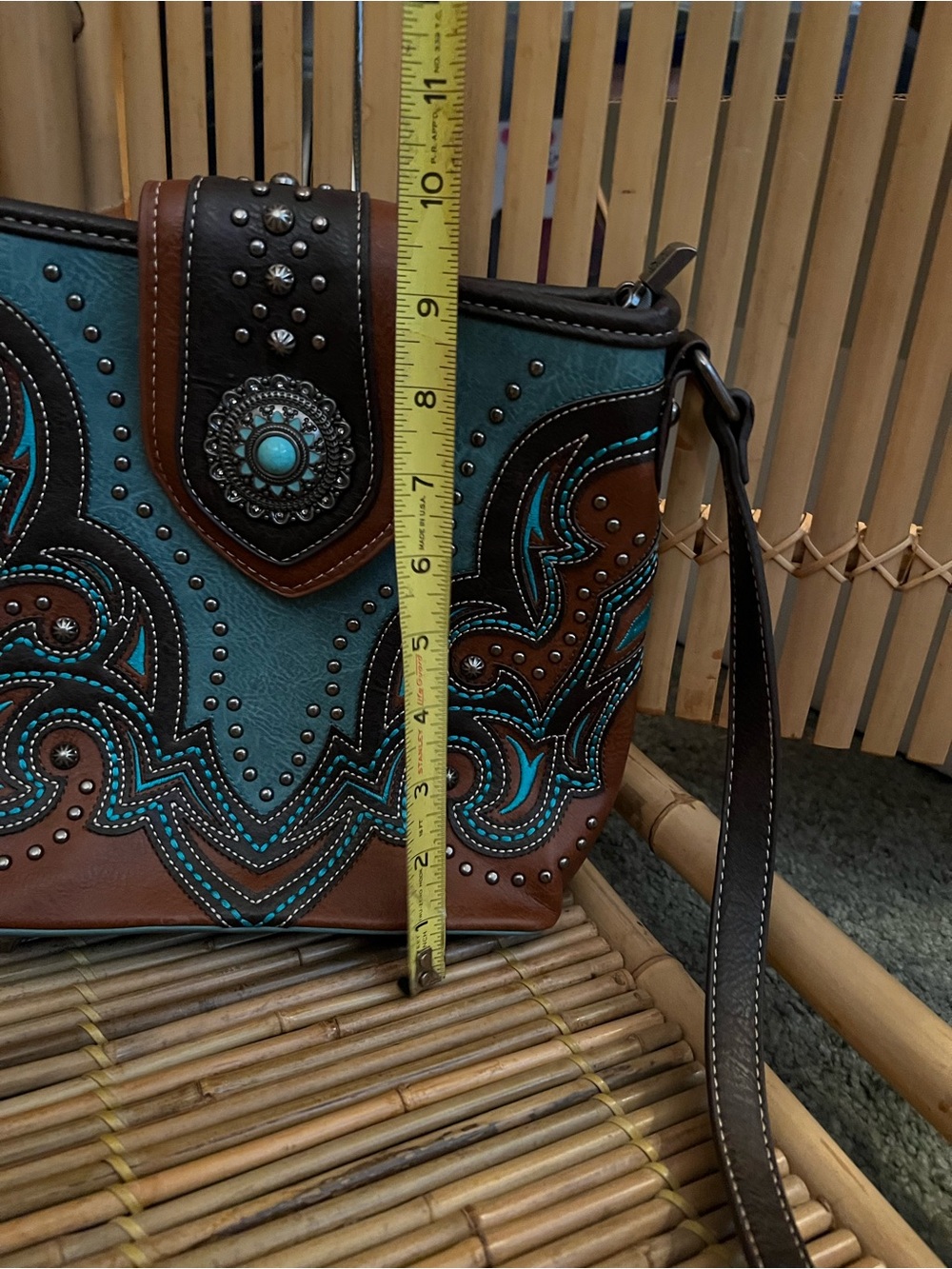 Montana West Turquoise and Brown Studded Western Crossbody Bag - Picture 7 of 8